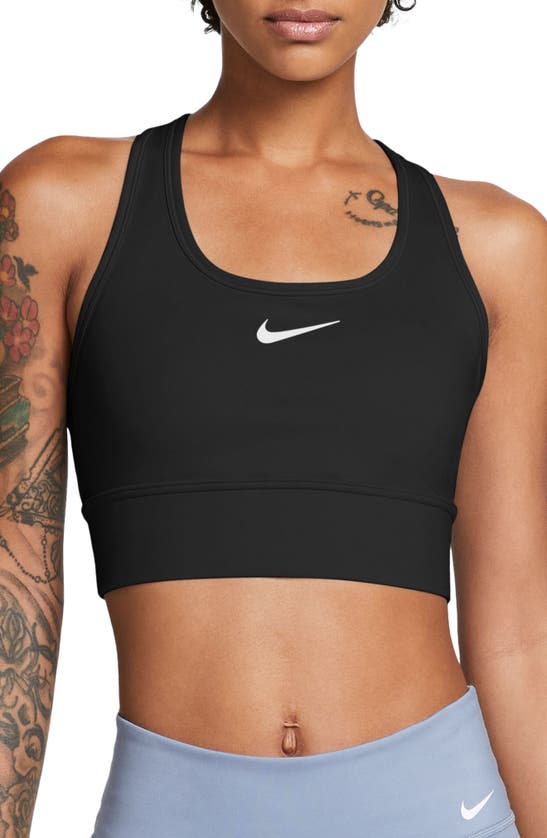 Shop Nike Swoosh Medium Support Padded Longline Sports Bra In Black/ Black/ White