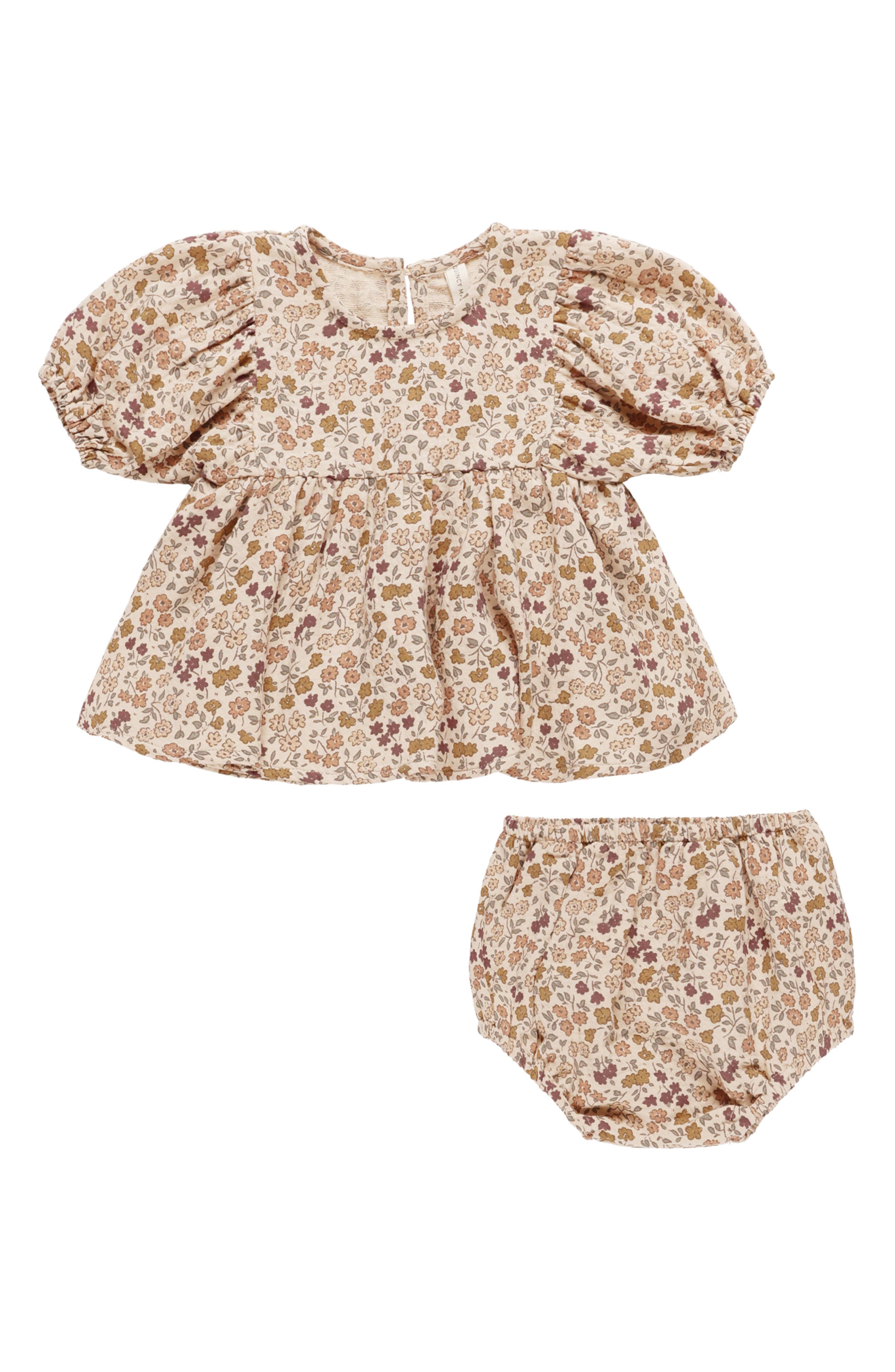 QUINCY MAE Francy Posy Puff Sleeve Organic Cotton Dress with Bloomers in Shell 