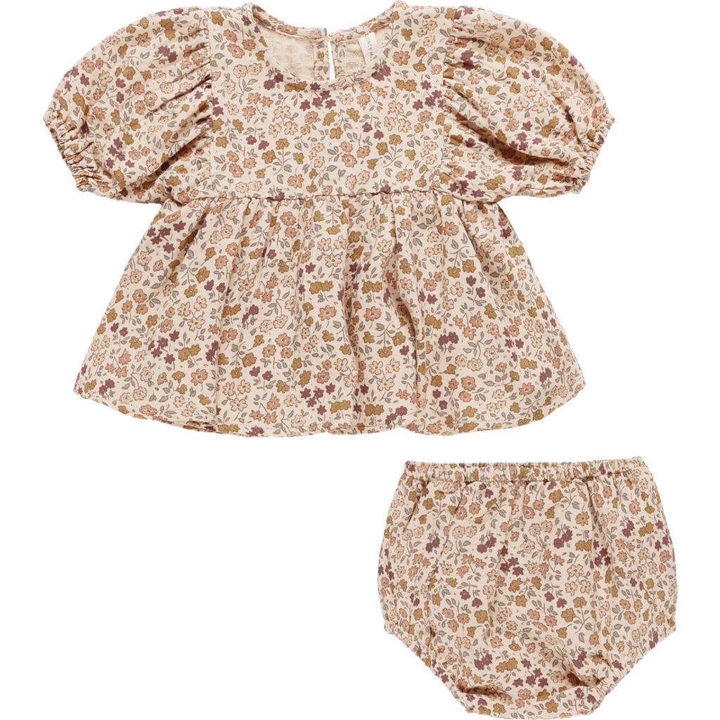 QUINCY MAE Francy Posy Puff Sleeve Organic Cotton Dress with Bloomers in Shell