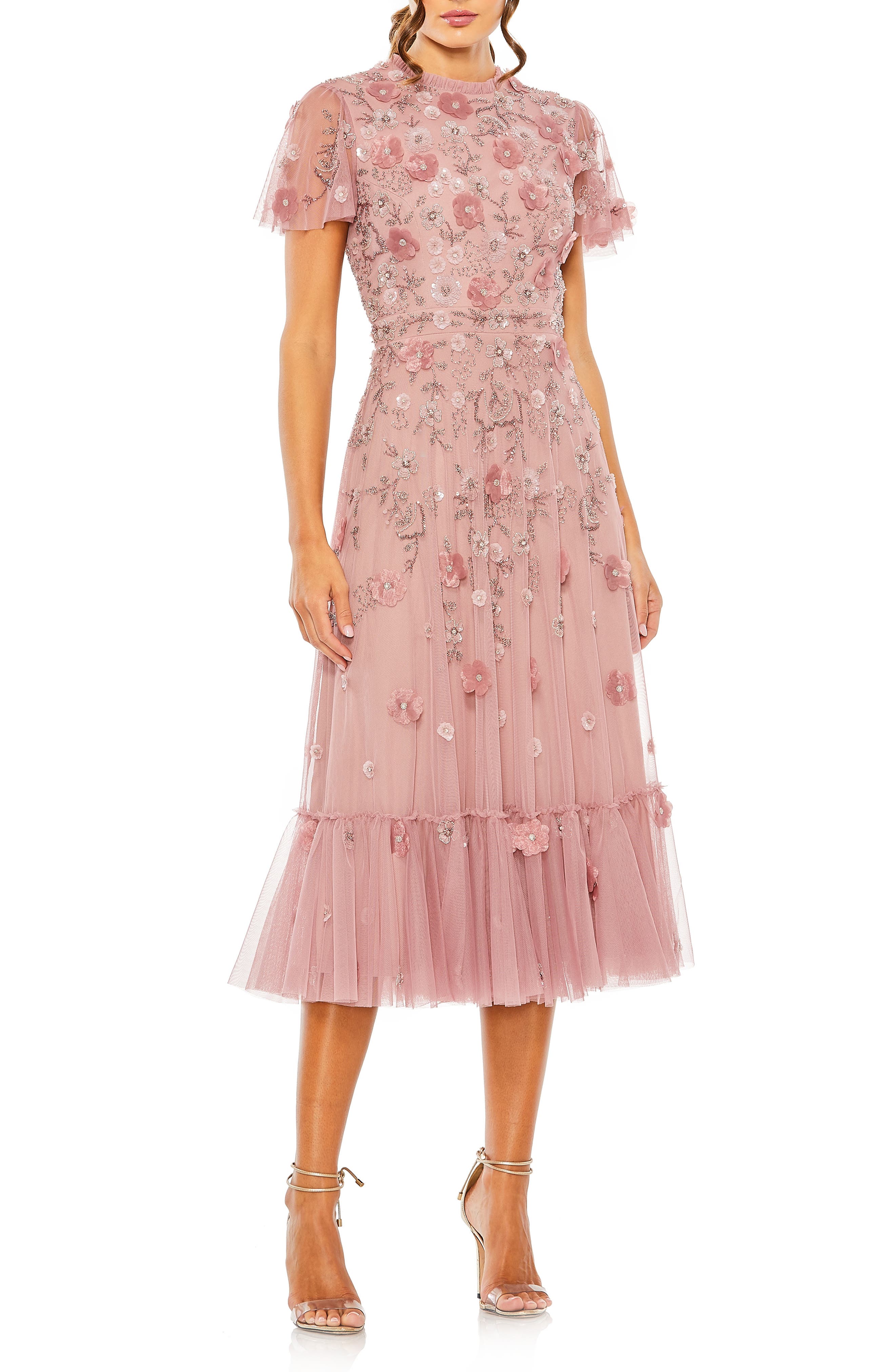 Mac Duggal Sequin Floral Cocktail Midi Dress in Berry | Smart Closet
