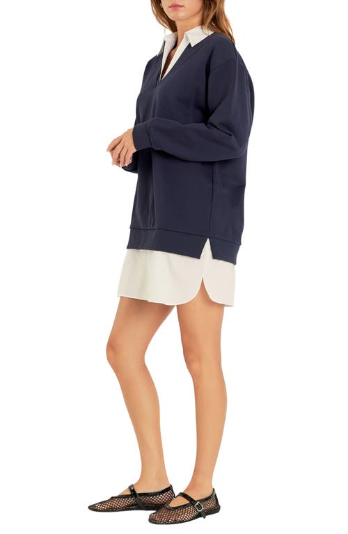 English Factory Mixed Media Long Sleeve Dress In Navy/white
