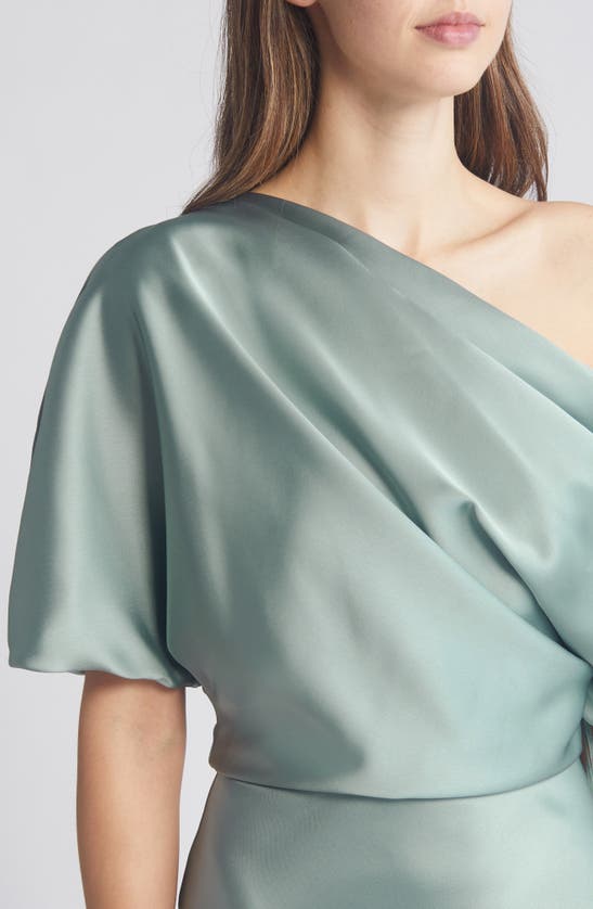 Shop Amsale One-shoulder Fluid Satin Cocktail Midi Dress In Jade