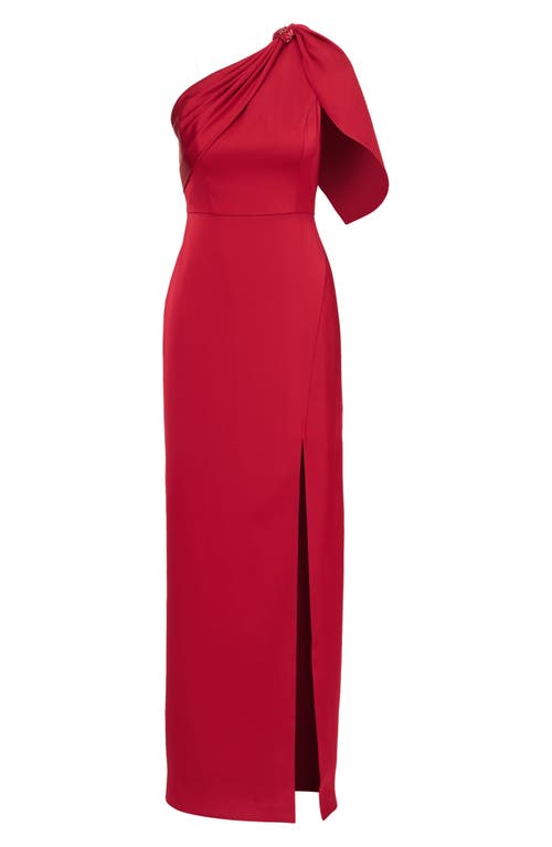 Shop Aidan Mattox By Adrianna Papell Beaded Trim One-shoulder Satin Crepe Column Gown In Matador Red