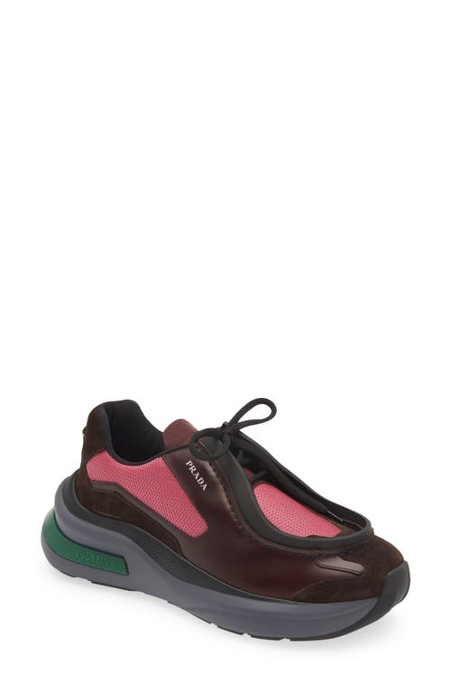 Prada New Mixed Media Sneaker In Granato/peonia