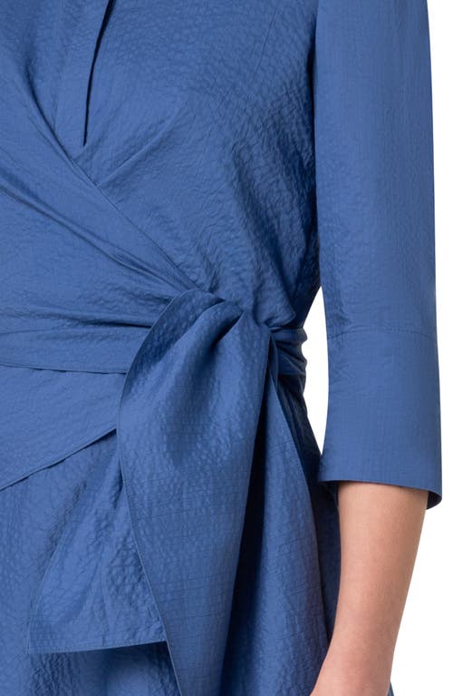 Akris Punto Sash Detail Cotton Seersucker Shirtdress In Smoky Blue