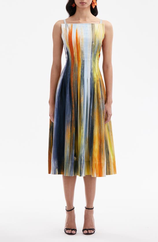 Shop Oscar De La Renta Abstract Brushstroke Stretch Cotton Midi Dress In Calendula Multi