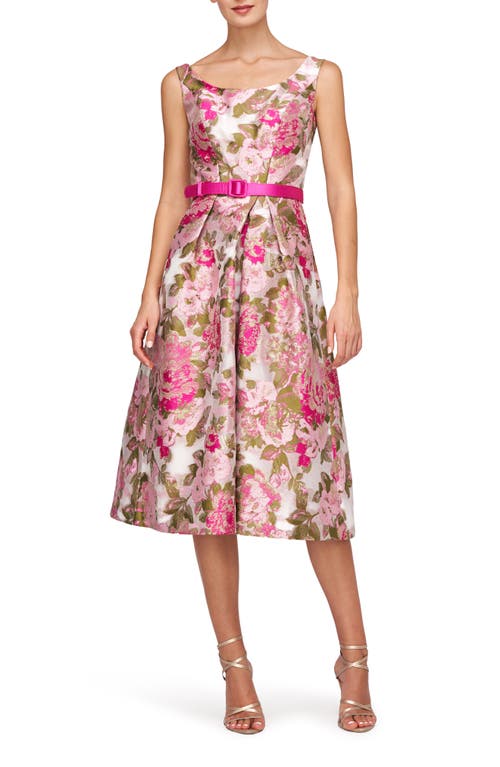 Shop Kay Unger Miriam Belted Brocade Midi Dress In Wild Raspberry