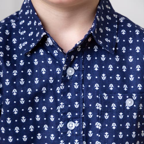 Shop Hope & Henry Boys' Linen Short Sleeve Button Down Shirt, Kids In Navy Riviera Print