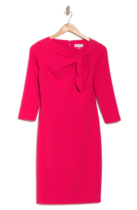 Calvin Klein Tie Neck 3/4 Sleeve Sheath Dress In Lipstick