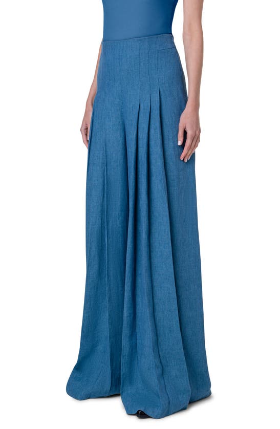 Akris Miyuki Wide Leg Pleated Linen Gabardine Pants In Medium Denim