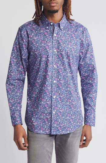 Original Penguin Floral Power Stretch Cotton Button-down Shirt In Blue