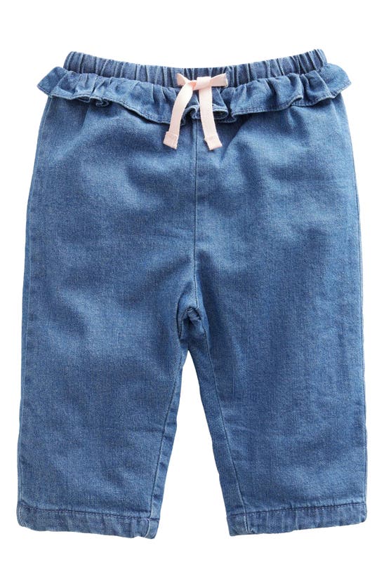 Mini Boden Babies' Ruffle Stretch Stretch Cotton Denim Pants In Mid Chambray