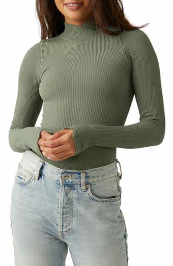 Green Ribbed Mock Neck Exposed Seams Long Sleeve Thong Bodysuit – Hot Miami  Styles