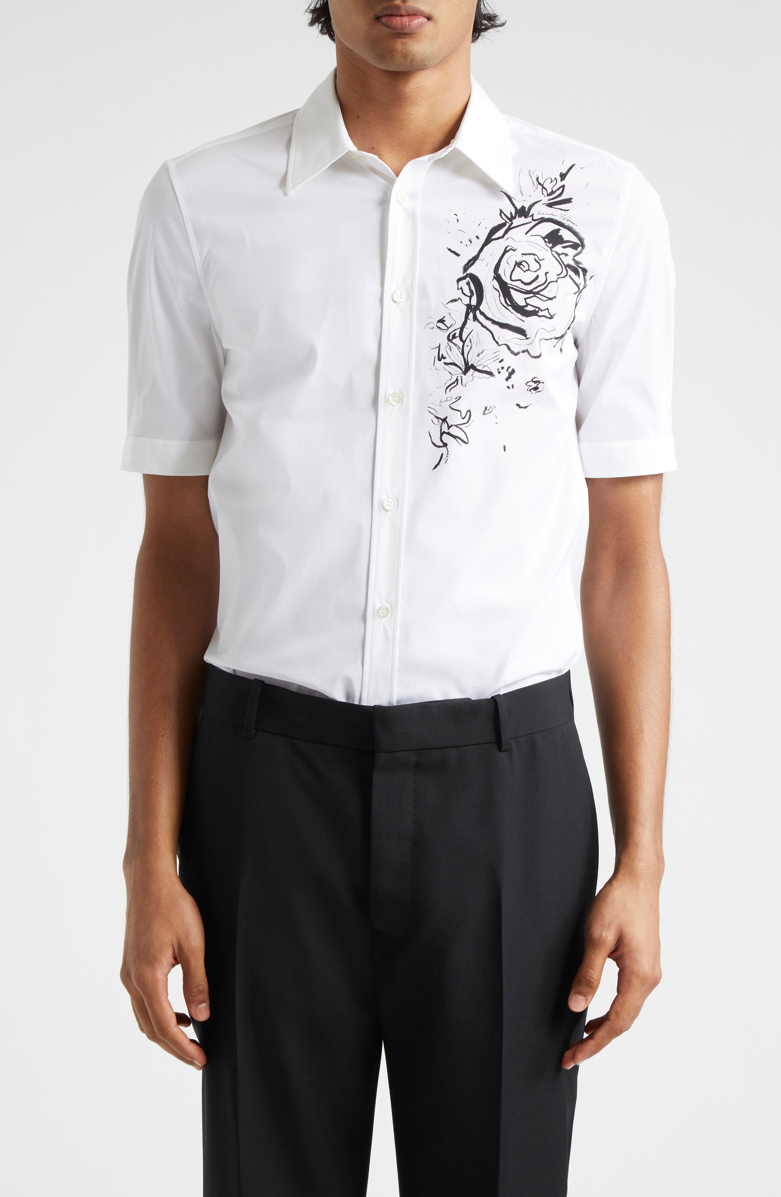 Alexander McQueen Floral Sketch Short Sleeve Stretch Cotton Button-Up Shirt  | Nordstrom