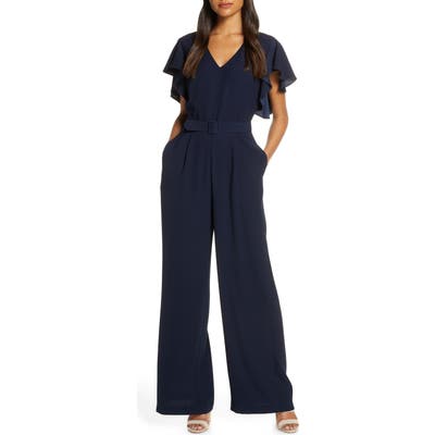 Eliza J Flutter Sleeve Belted Satin Jumpsuit, Blue
