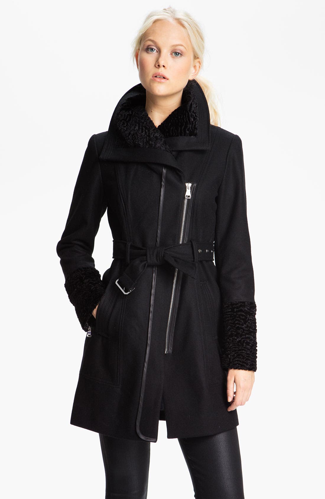 GUESS Asymmetrical Zip Coat with Faux Fur Trim Exclusive