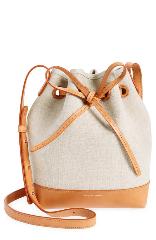 Mini Canvas & Leather Bucket Bag in Natural