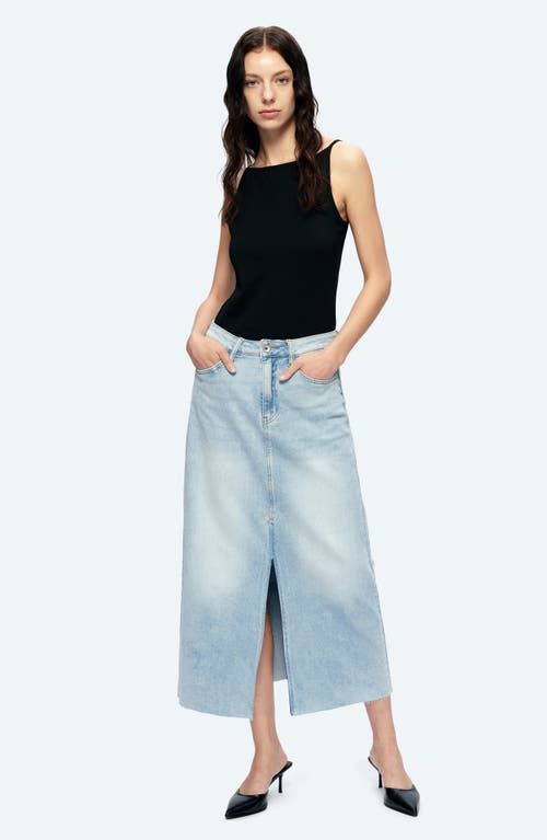 Shop Bayeas Raw Hem Denim Midi Skirt In Story