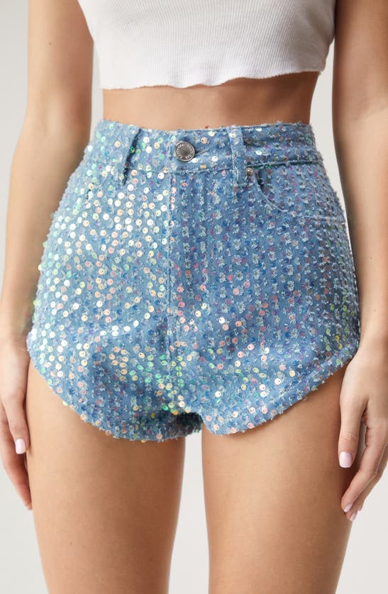 Shop Nasty Gal Sequin High Waist Denim Micro Shorts In Pale Wash