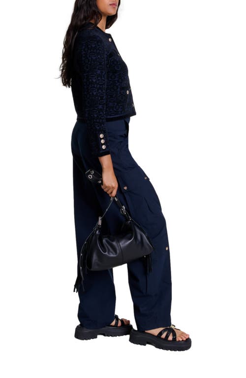 Shop Maje Velvet Knit Cardigan In Black/navy