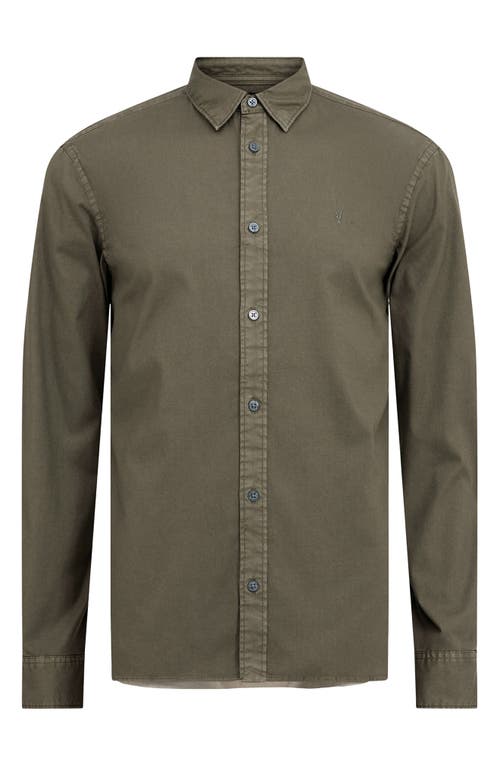 Shop Allsaints Hawthorne Solid Stretch Cotton Button-up Shirt In Cage Brown