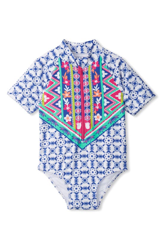 Shop Hatley Kids' Kaleidoscope Short Sleeve One-piece Rashguard Swimsuit In White