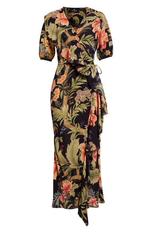 Shop Etro Floral Puff Sleeve Wrap Maxi Dress In Navy Multi