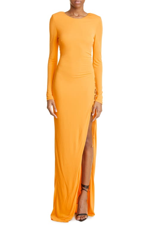 DUNDAS Long Sleeve Lace-Up Open Back Evening Gown in Mango