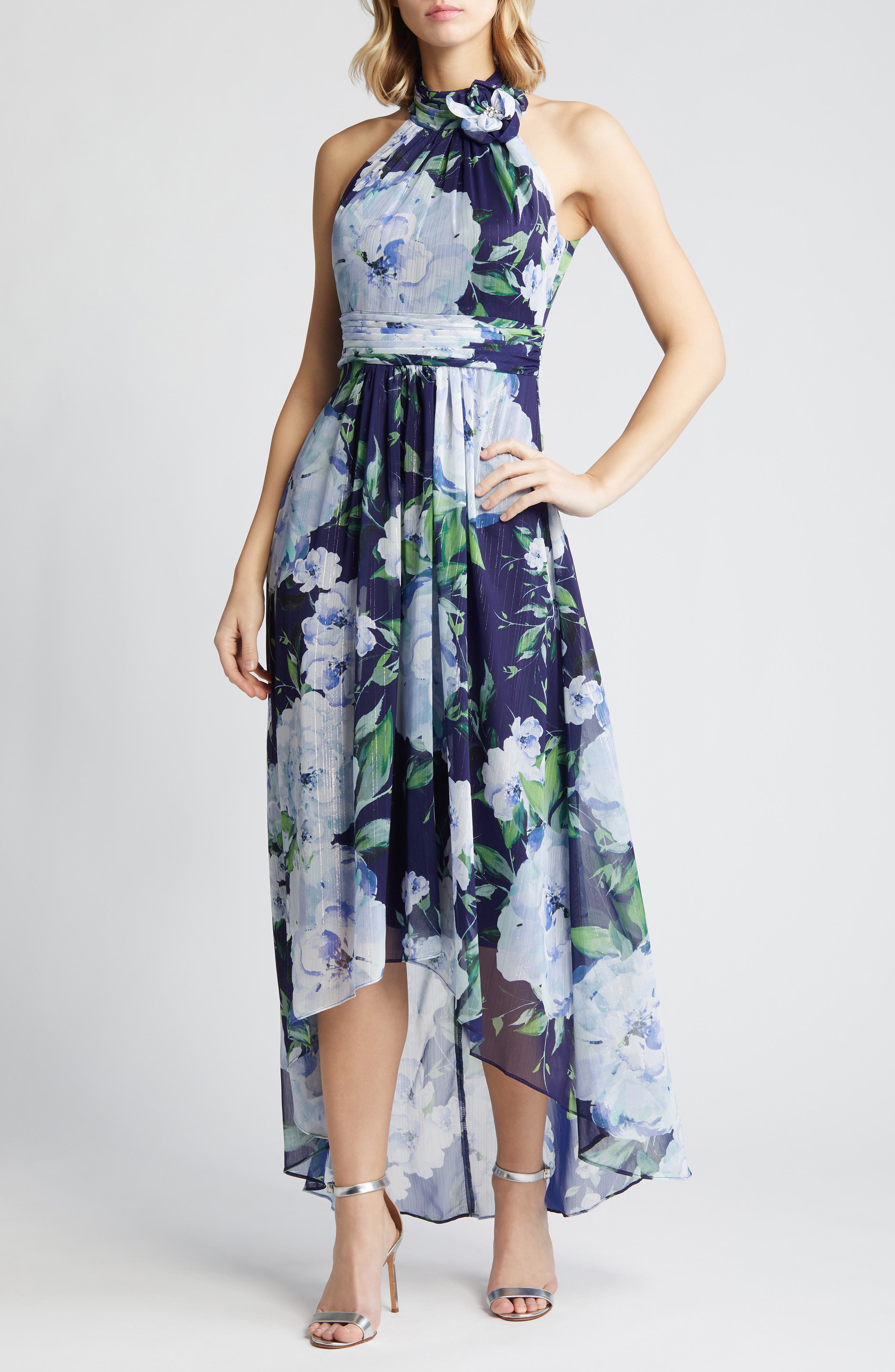 Navy High Neck Chiffon Maxi Dress