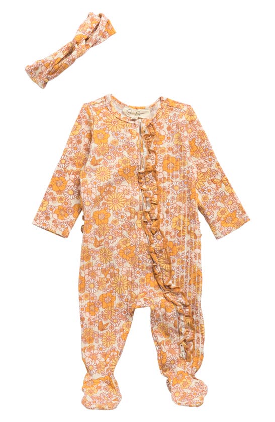 Jessica Simpson Babies' Ruffled Footie & Headband In Marigold