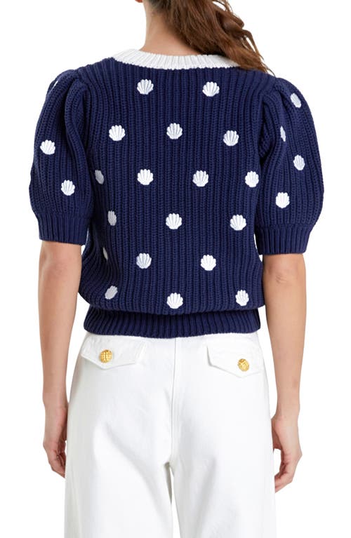 English Factory Shell Embroidered Puff Sleeve Sweater In Navy/white