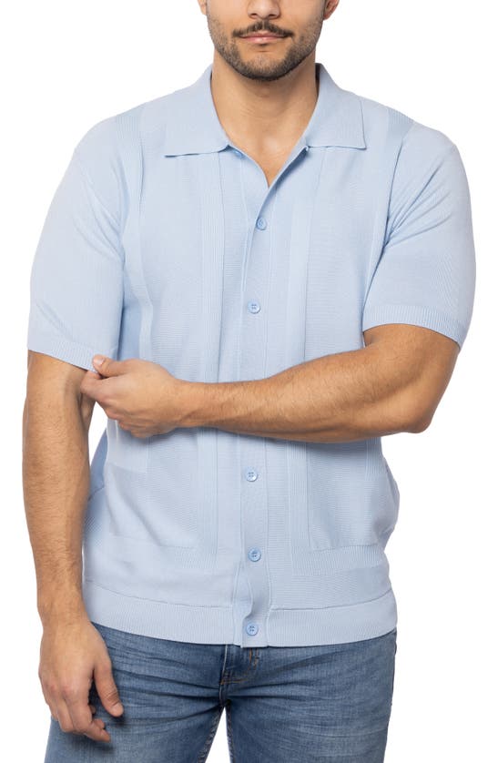 Spring + Mercer Textured Short Sleeve Button-up Sweater In Powder Blue