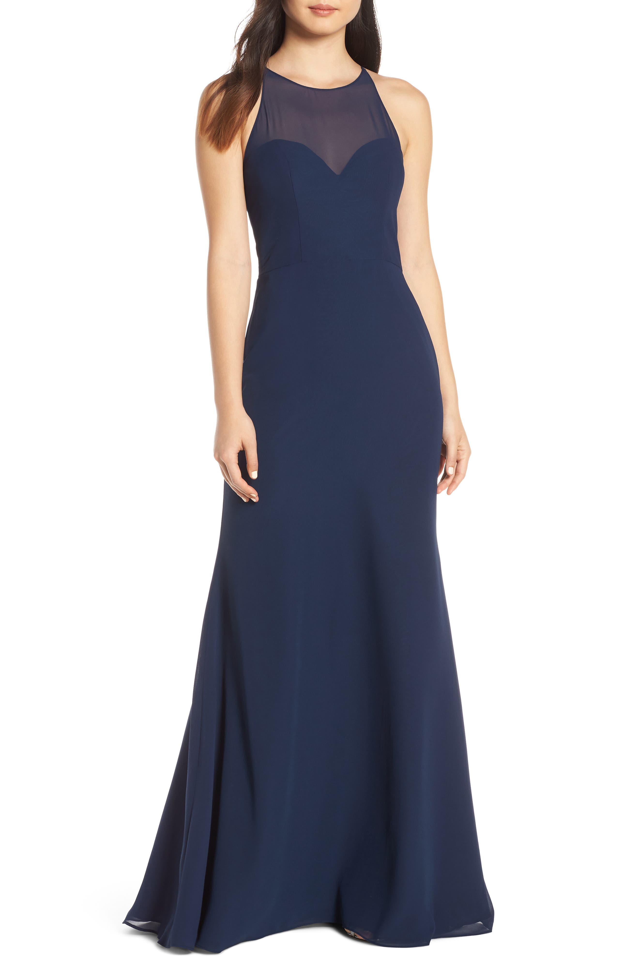 Hayley Paige Occasions Sheer Racerback Chiffon Evening Dress, Blue