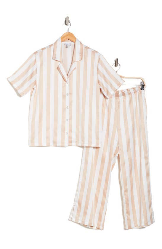 Shop Nordstrom Rack Satin Short Sleeve Shirt & Capri Pajamas In Beige Moonlight Wide Stripe