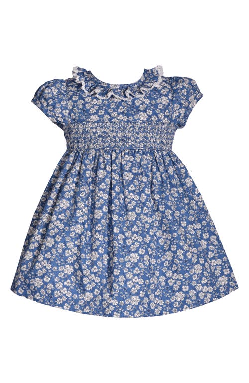 GERSON & GERSON Floral Puff Sleeve Smocked Cotton Poplin Dress in Blue