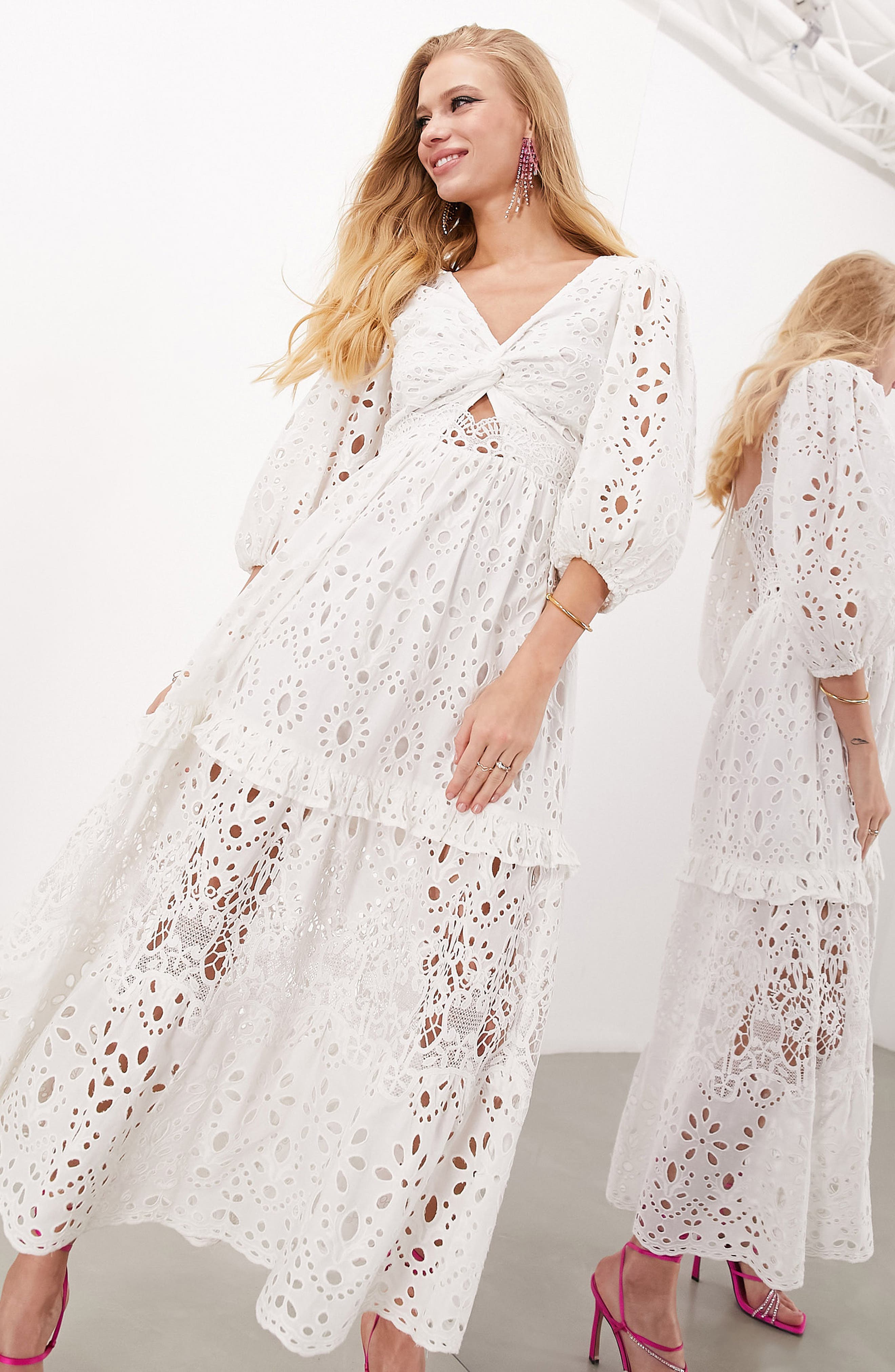 ASOS DESIGN EDITION Broderie Twist Front Dress in Light Pink | Smart Closet