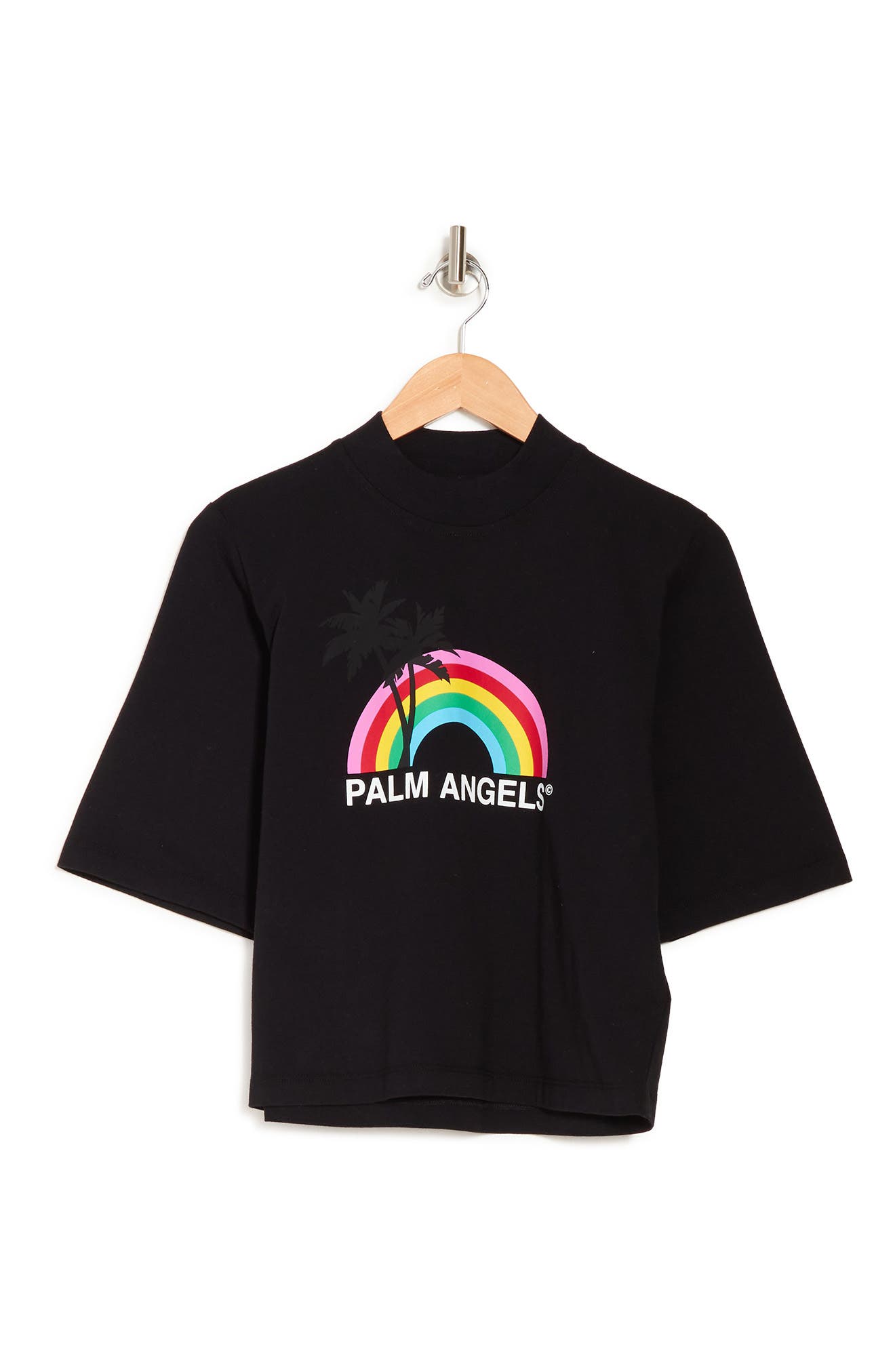 Palm Angels Rainbow Logo Print Crop T-shirt In Black White