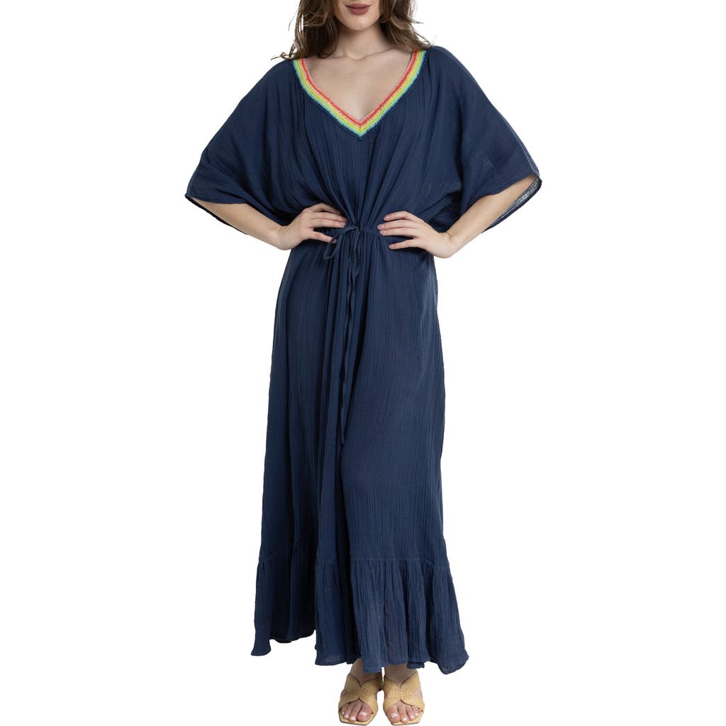 Shop Saachi Colorful Crochet V-neck Cover-up Kaftan In Navy
