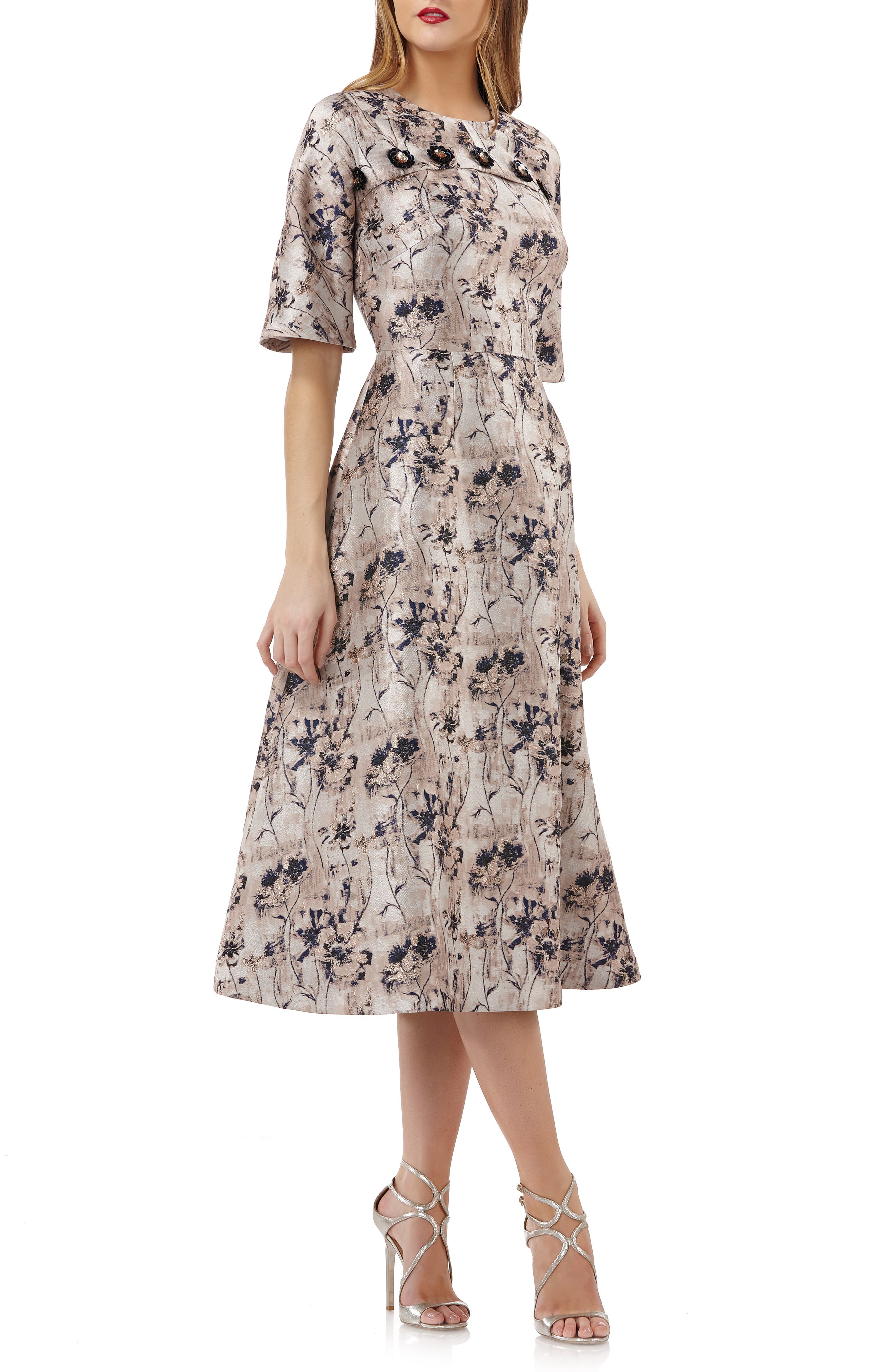 Kay Unger Flower Button Fit & Flare Midi Dress, Beige