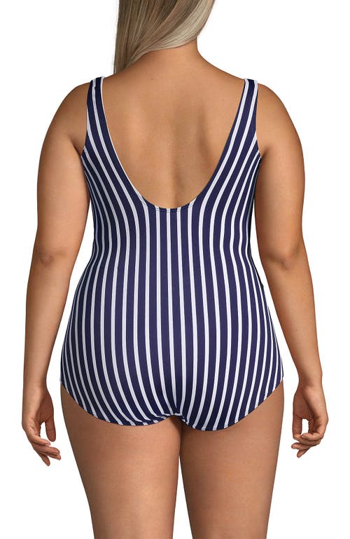 Shop Lands' End Plus Size Chlorine Resistant Soft Cup Tugless Sporty One Piece Swimsuit In Deep Sea/white Media Stripe