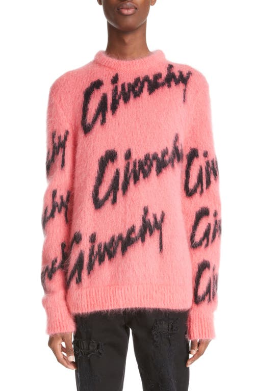 Givenchy Intarsia Logo Crewneck Mohair & Wool Blend Sweater in Pink/Black