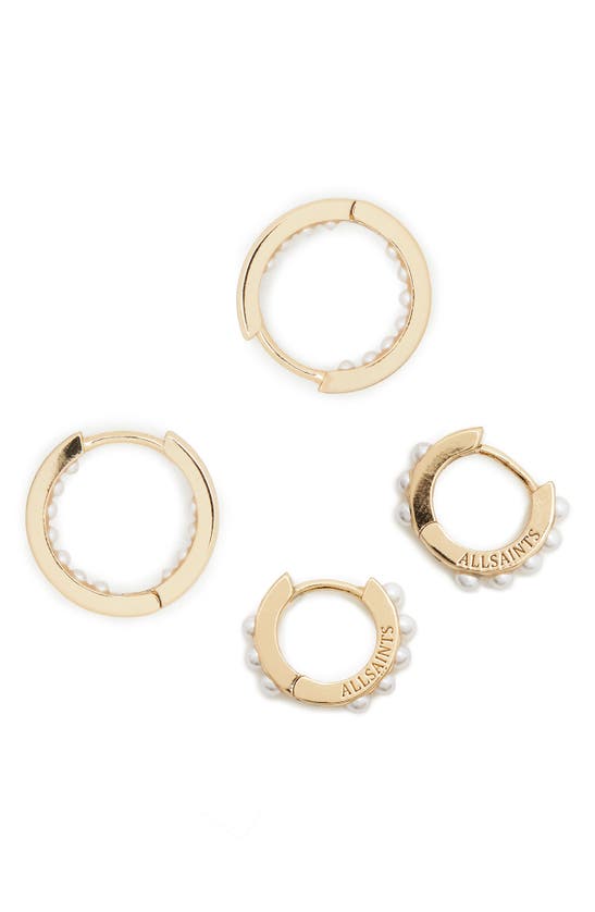 Shop Allsaints Set Of 2 Imitation Pearl Huggie Hoop Earrings In Pearl/ Gold