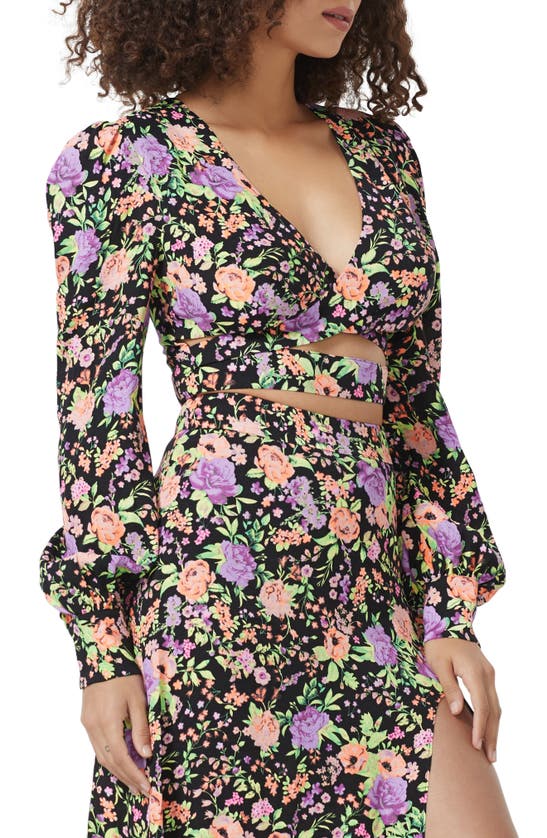 Afrm Calle Floral Print Cutout Top In Noir Violet Garden
