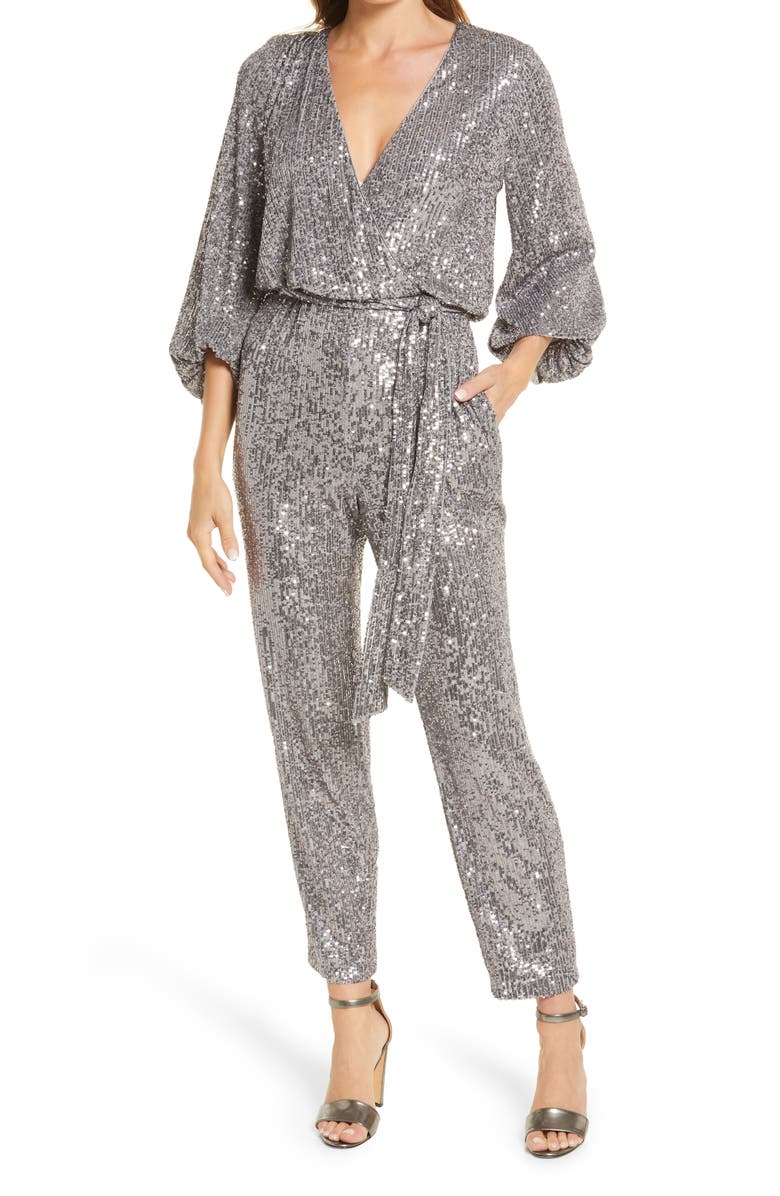 ELIZA J Sequin Balloon Long Sleeve Jumpsuit, Main, color, GREY
