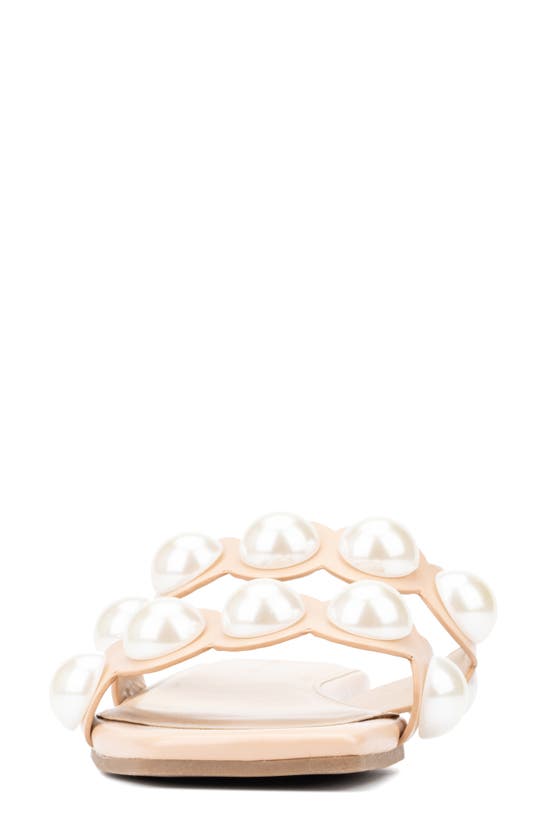 Fashion To Figure Sage Faux Pearl Studded Slide Sandal In Nude
