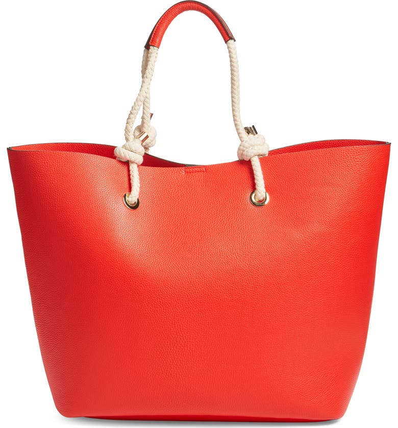 PHASE 3 Rope Handle Faux Leather Tote, Main, color, RED BLOOM