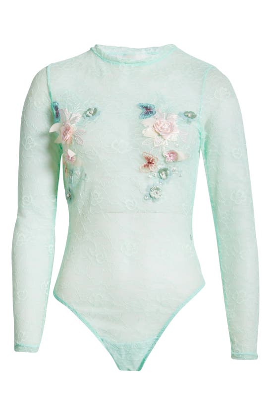 Shop Kilo Brava Floral Appliqué Long Sleeve Lace Teddy In Soft Mint
