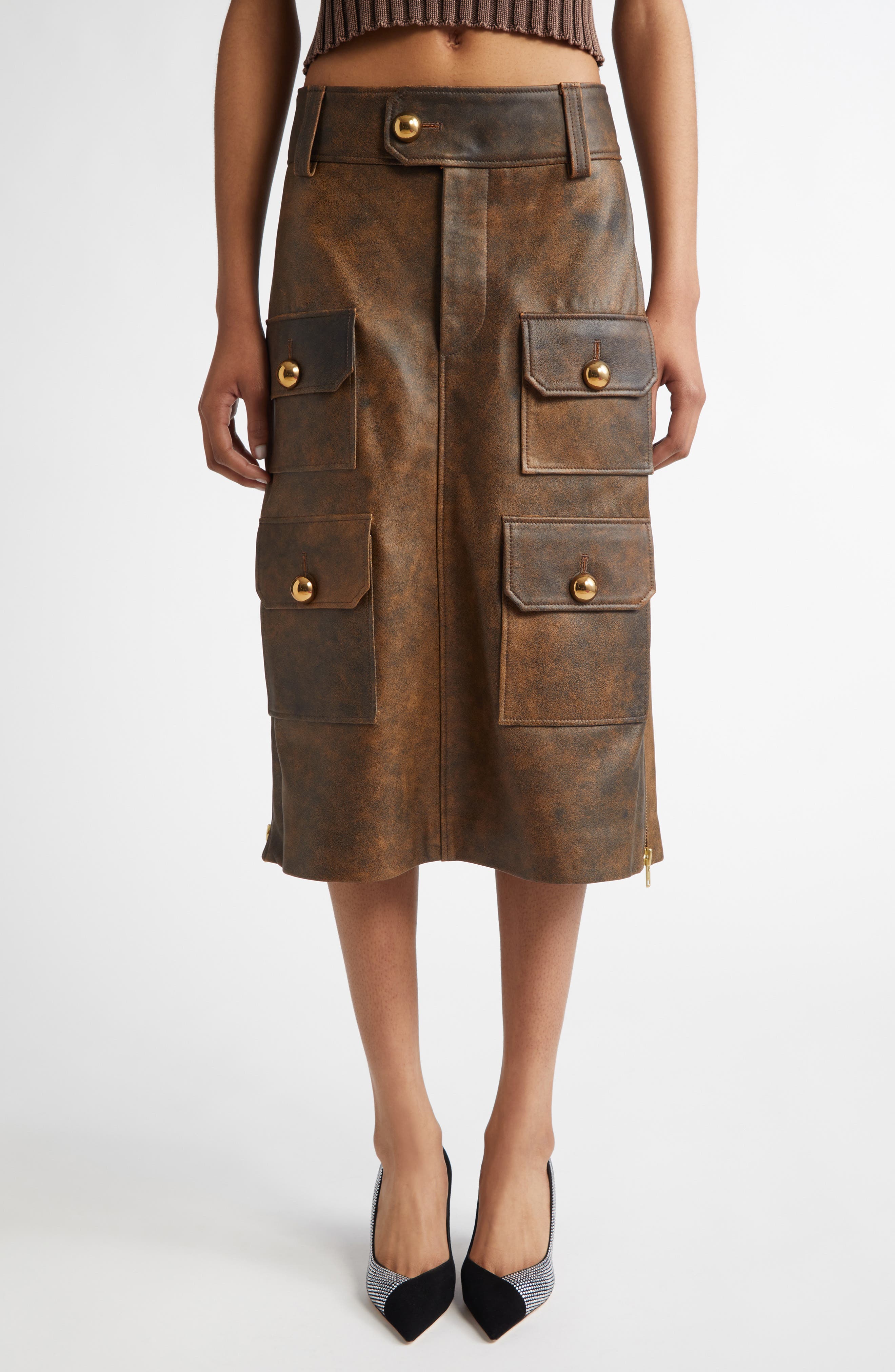 Vaquera Lambskin Leather Midi Skirt in Vieilli Brown Cover