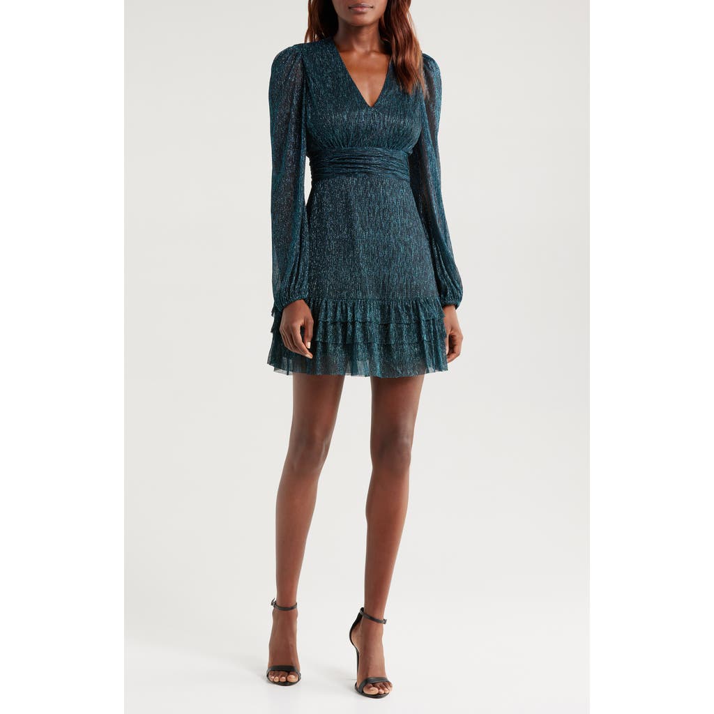 Mila Mae Metallic Long Sleeve Open Back Minidress in Teal