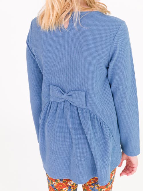 Shop Rufflebutts Girls Waffle Knit Long Sleeve Bow Back Top In Countryside Blue Waffle